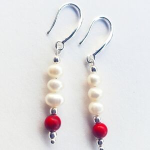 NWT 925 solid sterling silver DANGLE EARRINGS Pearls Red Turquoise FOR HER 1"
